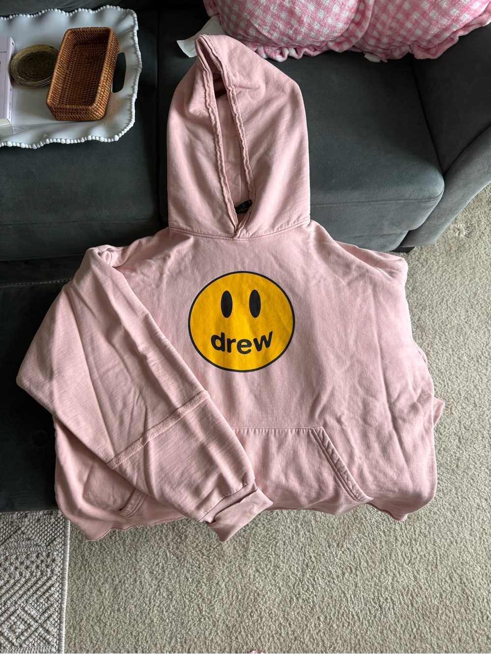 DREW Pink Hoodie with Yellow Smiley Logo